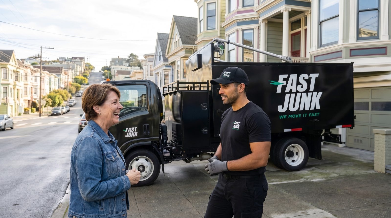 Fast Junk crew meeting Belmont customer at their driveway