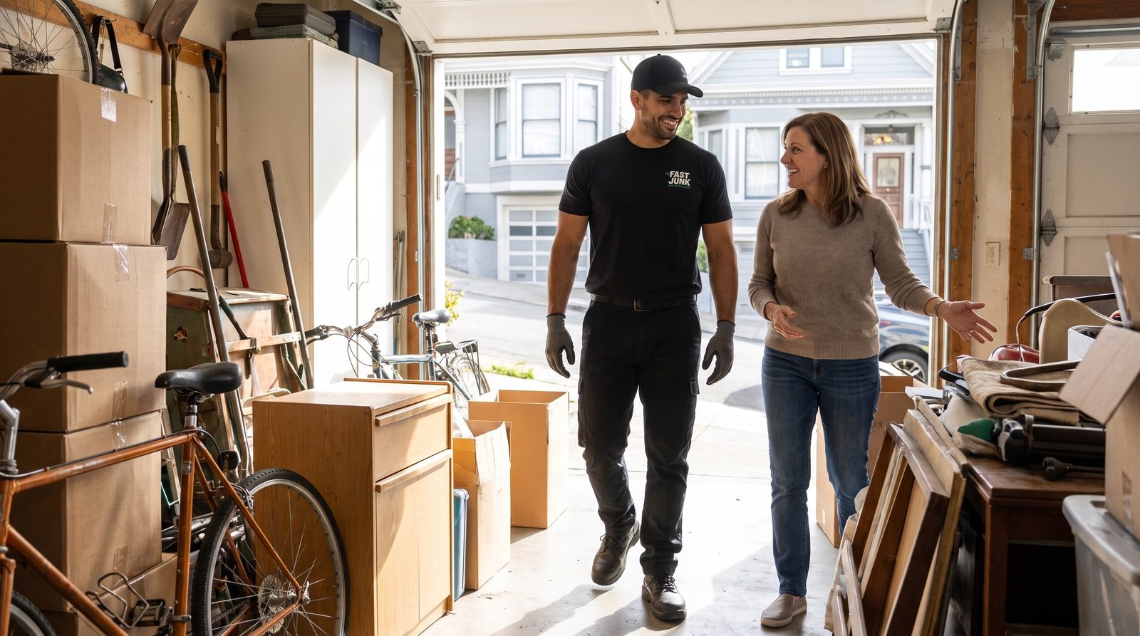 Fast Junk crew walking a Burlingame customer through their garage