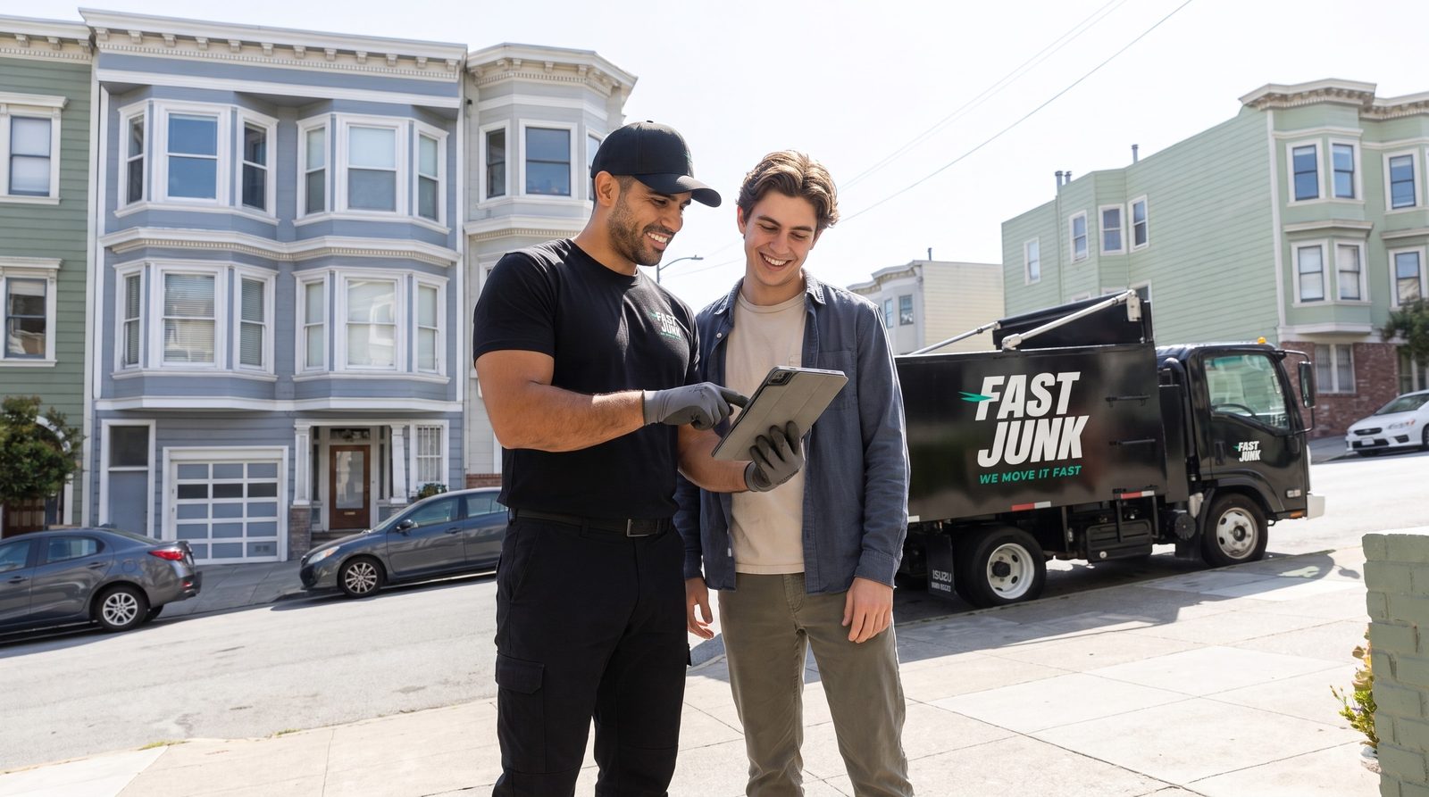 Fast Junk crew reviewing an estimate on a tablet with a Daly City customer