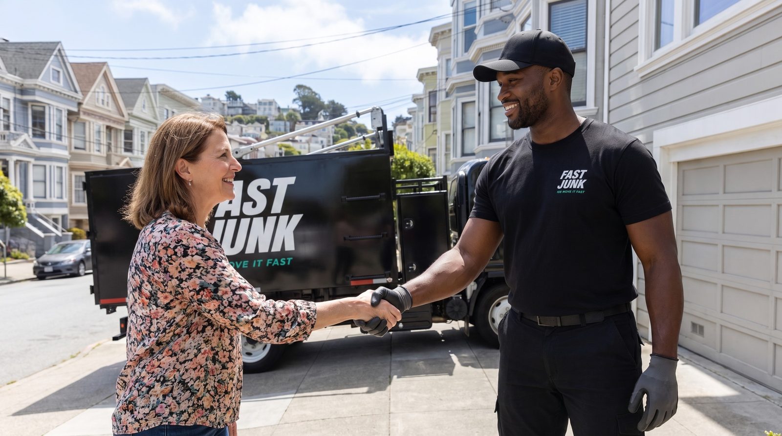 Fast Junk crew shaking hands with a Pacifica customer