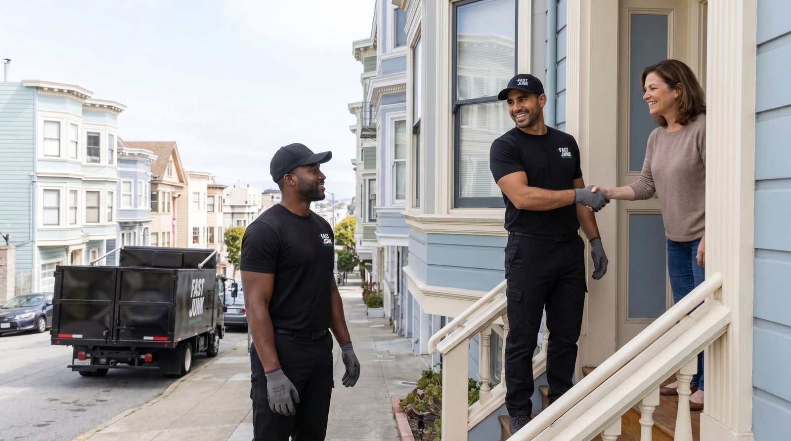 Fast Junk crew greeting a Redwood City customer