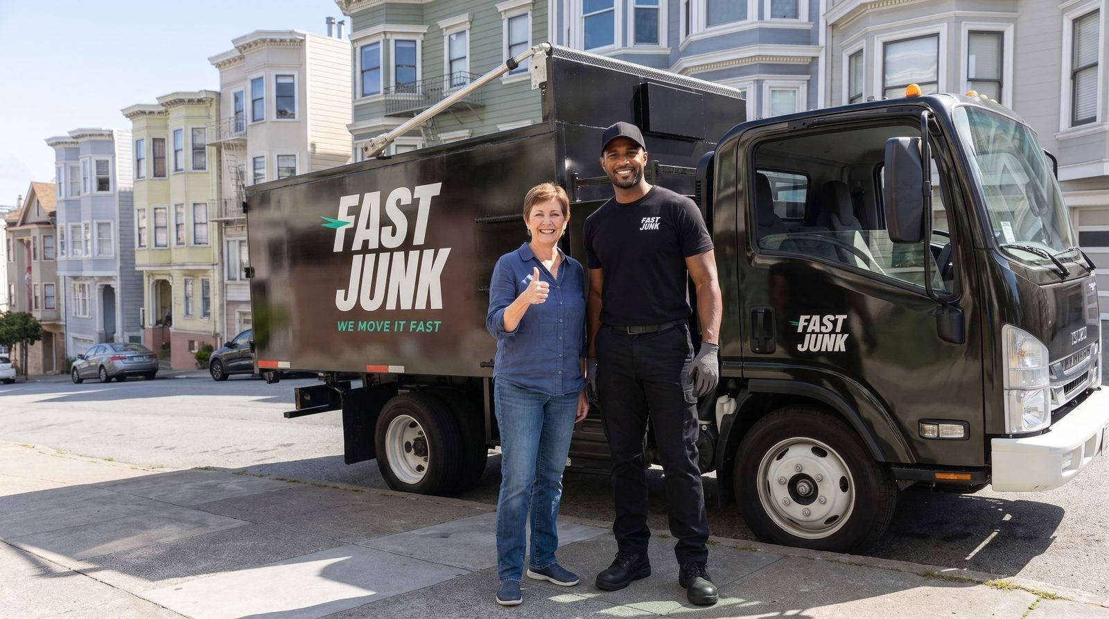 Happy San Bruno customer giving a thumbs up next to the Fast Junk crew