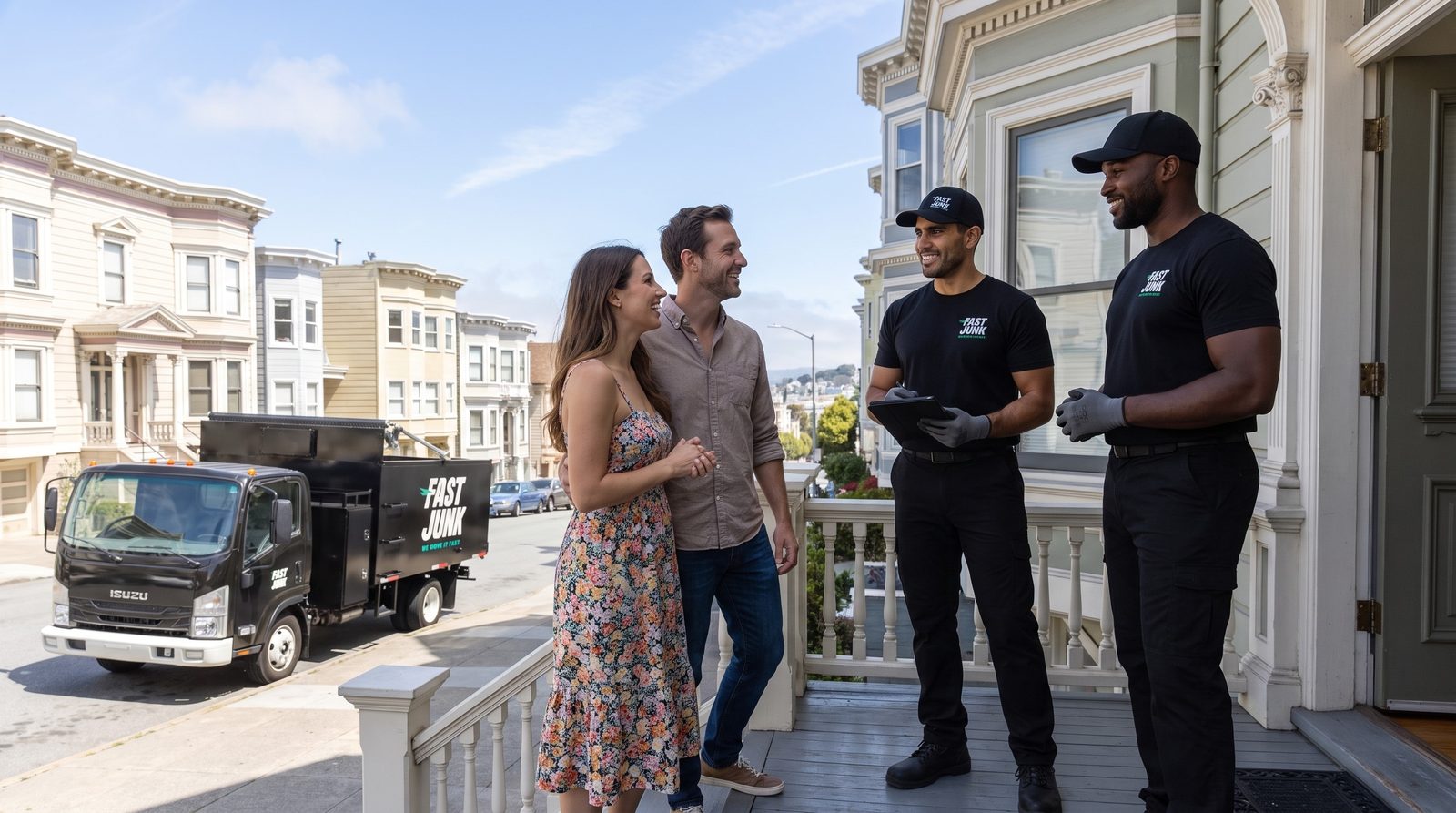 Fast Junk crew reviewing an estimate with a San Mateo couple