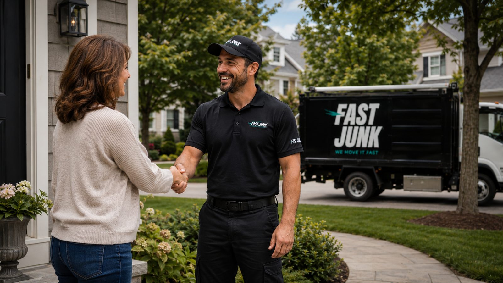 Fast Junk crew shaking hands with a happy customer outside her home
